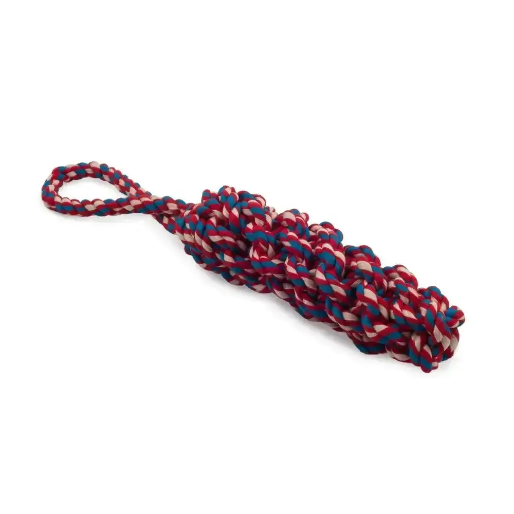 An ancol log dog toy with braided red blue and white rope made from turn waste fabric earth-friendly dog toy