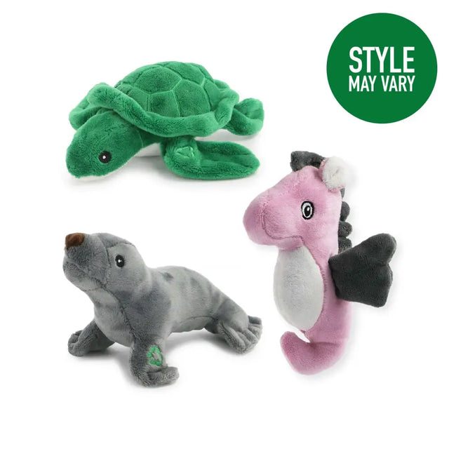 Green plush mini turtle seal dog toy from ancol made dog toys featuring soft fabric and seahorse design details