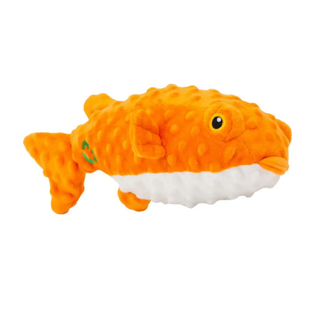 Orange ancol made puffer fish dog toy with white underbelly and textured bumpy plush surface for pets