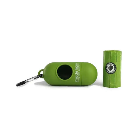 Green silicone poop bag dispenser made from recycled poop bag with carabiner clip and biodegradable roll bag