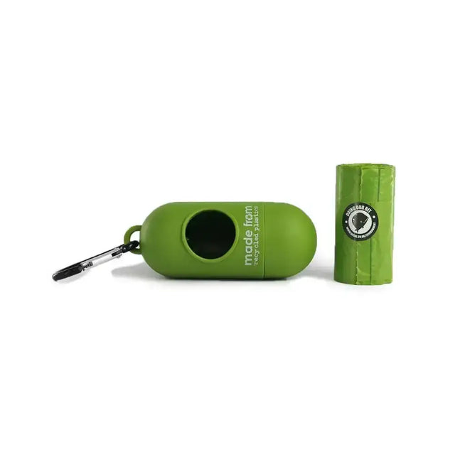 Green silicone poop bag dispenser made from recycled poop bag with carabiner clip and biodegradable roll bag
