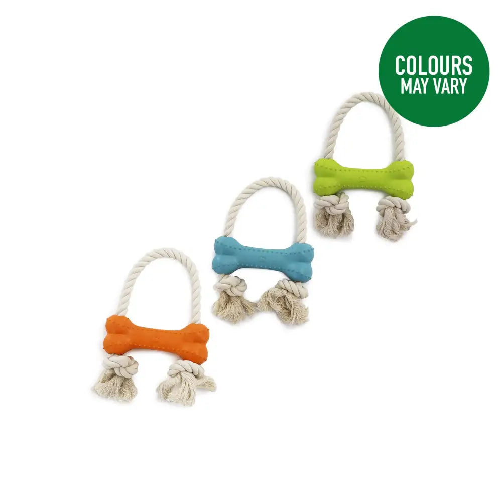 Brightly colored ancol made rice bone dog toy with rope handles and tassels perfect for playful pups