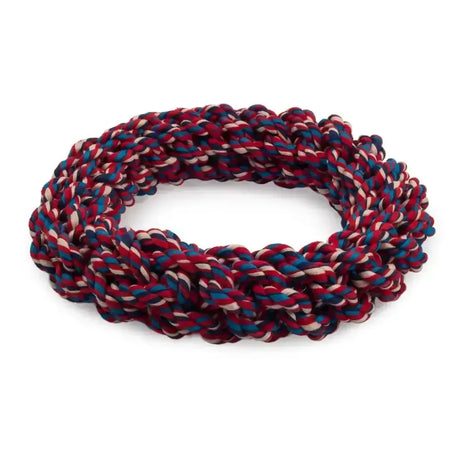 Ancol ring dog toy made of braided red blue and white rope an earth-friendly dog toy helping turn waste