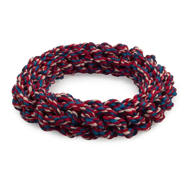 Ancol ring dog toy made of braided red blue and white rope an earth-friendly dog toy helping turn waste