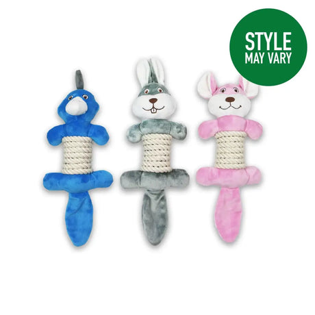 Ancol made plush dog toys in blue gray and pink with rope bellies for durable chew play