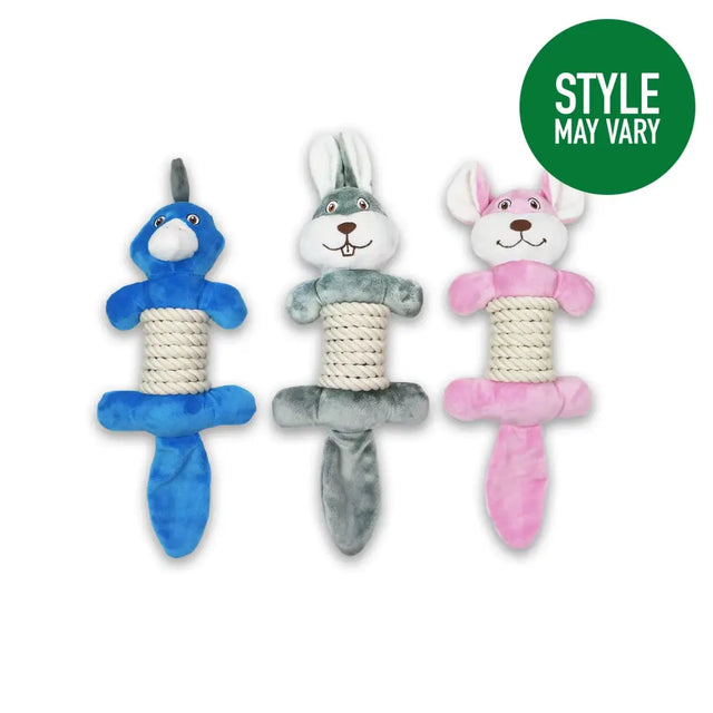 Ancol made plush dog toys in blue gray and pink with rope bellies for durable chew play