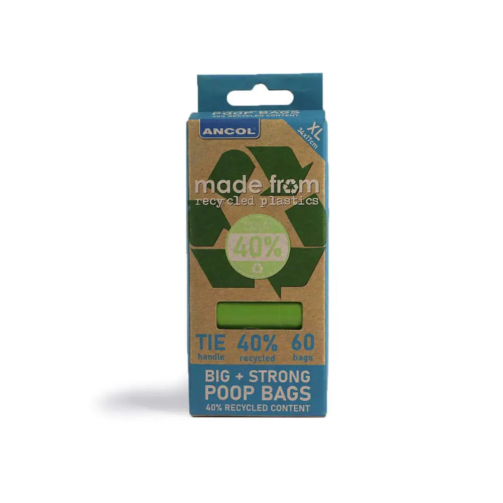 Ancol made refill pack xl size rycycled poo bag in green and blue recycled plastic packaging with eco-friendly label
