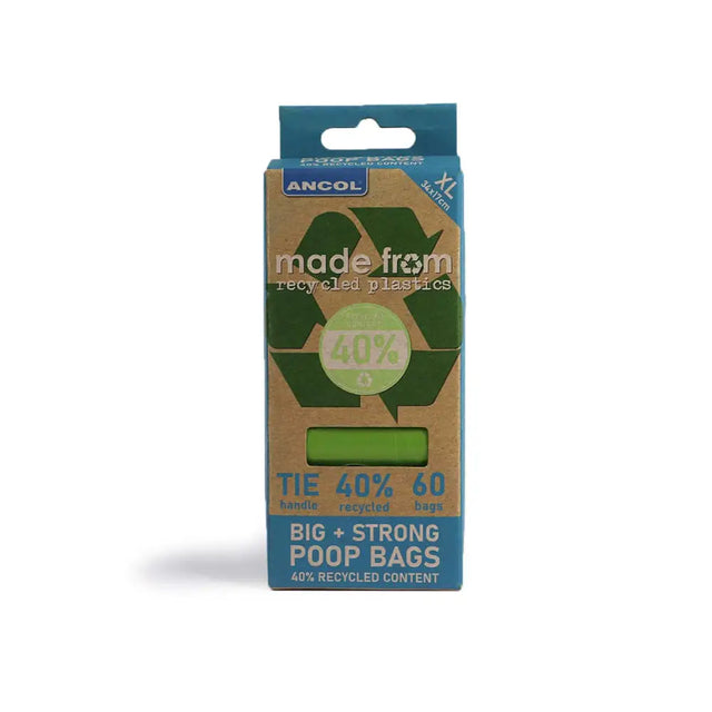 Ancol made refill pack xl size rycycled poo bag in green and blue recycled plastic packaging with eco-friendly label