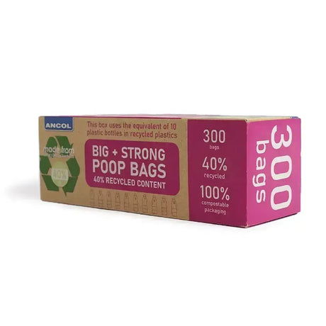 Pink and brown ancol big strong giant poop bags refill box with 300 bags made from 40 percent recycled content