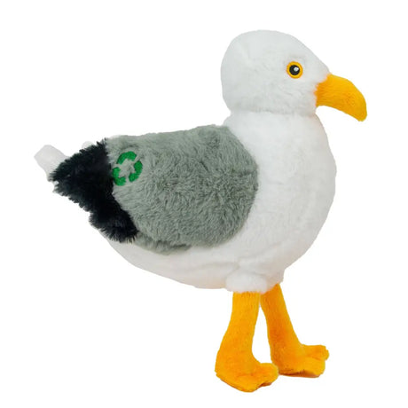 An ancol made plush seagull dog toy with white body gray wings green recycling symbol and bright yellow beak and legs