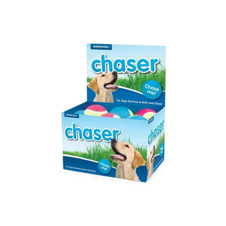Blue and pink ancol mega tennis ball dog toys in a display box perfect for tennis ball dog play