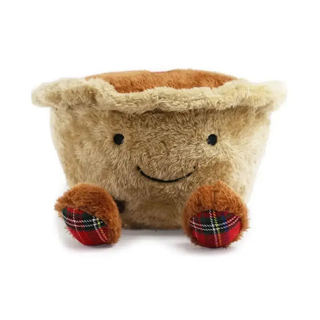Ancol mikey mince plush tan mince pie dog toy with fluffy texture and red tartan pattern feet