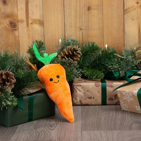 Orange plush mini katie carrot toy by ancol mini with green leafy top and cute embroidered face for pets