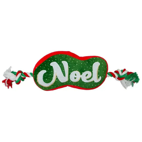 Green and red plush candy-shaped ancol noel rope tugger dog toy with noel in white cursive lettering