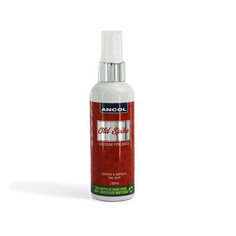 A sleek white and red ancol old spike cologne spray bottle for dogs with silver nozzle cap and quick spritz envelops
