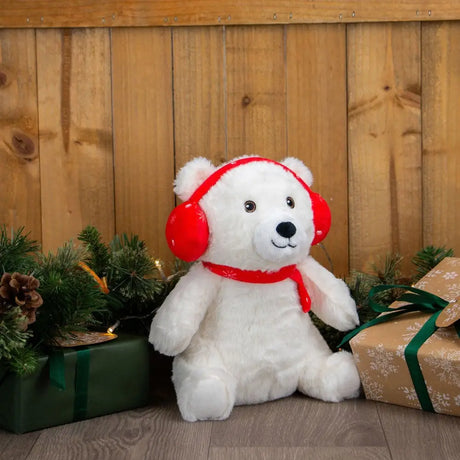 White plush olwen christmas bear wearing red earmuffs and scarf by ancol olwen perfect for holiday decor