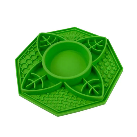 Bright green silicone ancol orva lick slow pet feeding mat with slow feed leaf textures and compartments