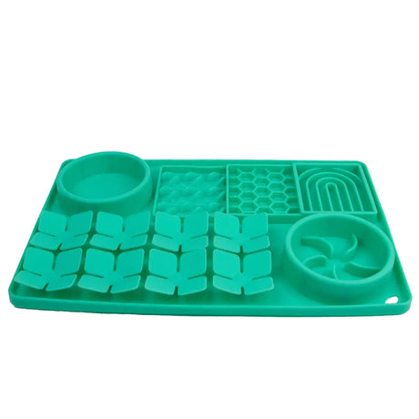 Teal silicone ancol orva lick slow feed mat with textured compartments and two circular bowls for pets