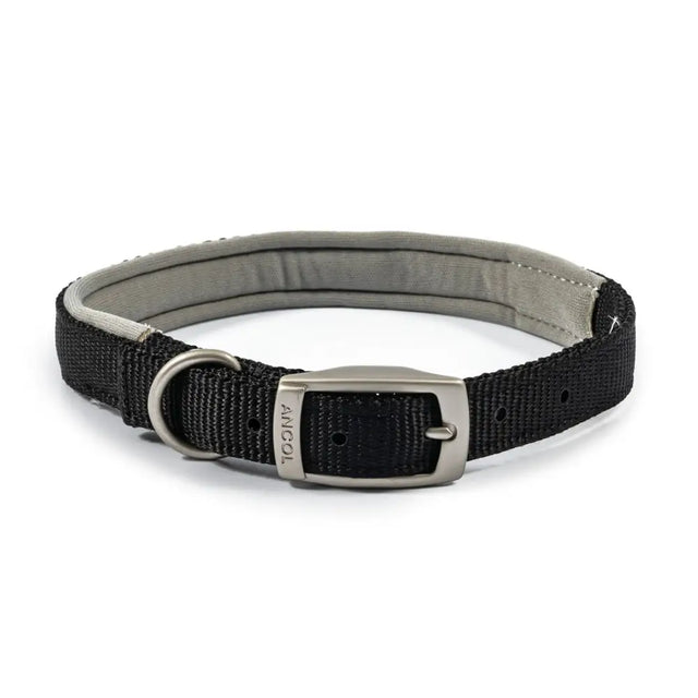 Black woven nylon padded viva collar with gray padded interior and silver buckle from ancol padded viva collar black