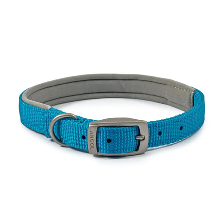 Bright blue woven ancol padded viva collar with gray padded interior and silver buckle engraved with ancol name