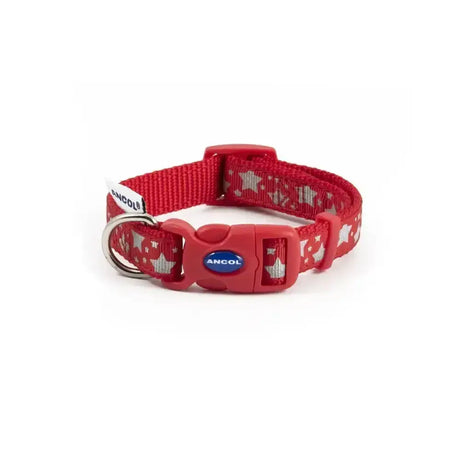 Red ancol patterned collection collar reflective star red with plastic buckle and metal d-ring for dogs