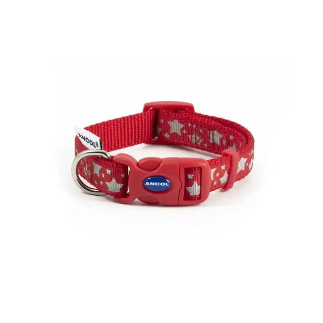 Red ancol patterned collection collar reflective star red with plastic buckle and metal d-ring for dogs
