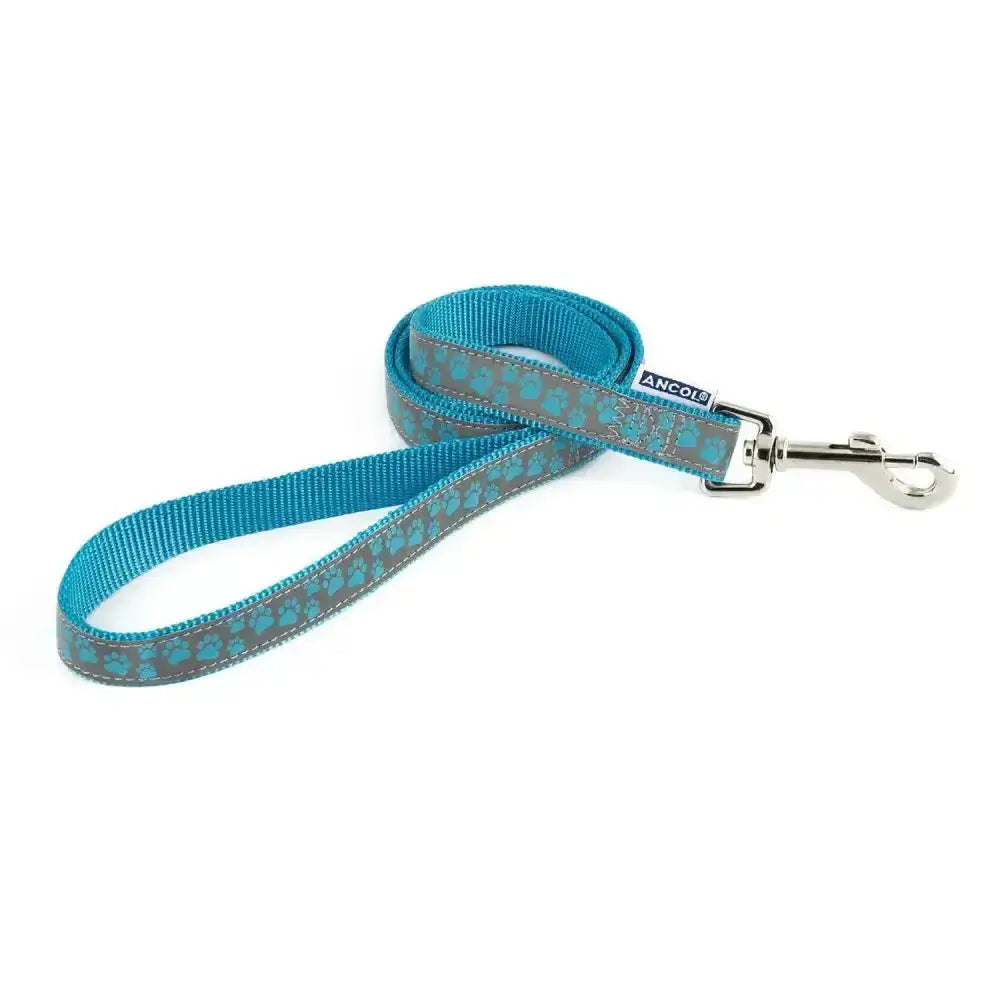 Teal and gray paw print ancol patterned collection lead with reflective paw blue and silver metal clasp