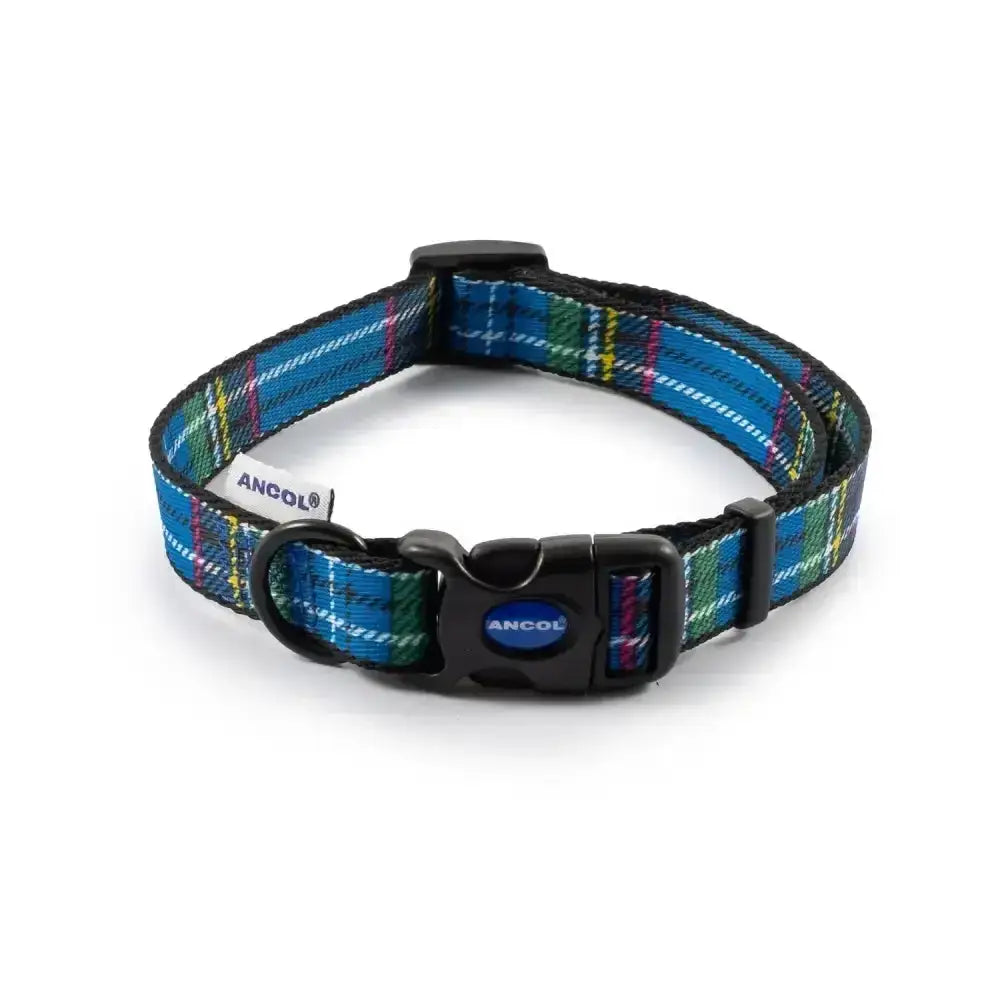 Blue green and yellow plaid tartan collar blue from ancol patterned collection with black plastic buckle and adjustable strap