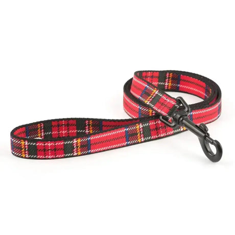 Red plaid dog leash from Ancol Patterned Collection with traditional tartan design and black metal clasp in tartan lead red