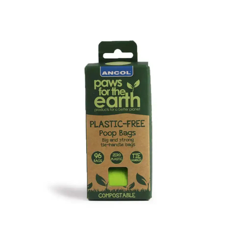 Ancol paws for the earth plastic free poop bag refill in green and brown cardboard with lime green compostable bags visible