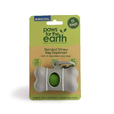 Ancol Paws gray bone-shaped poop bag dispenser with green chamber white straps and 15 degradable earth poop bags