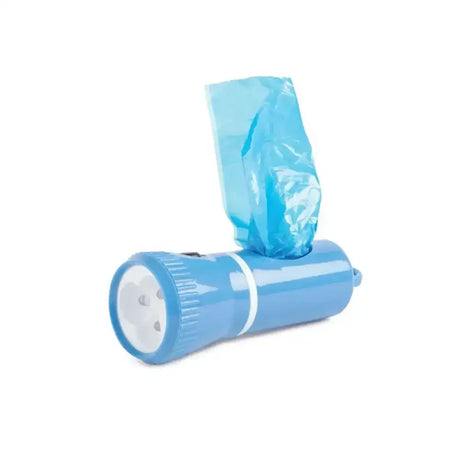 Blue plastic Ancol paws for the earth led poop bag dispenser with flashlight and blue pet waste bag inserted on top
