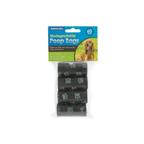 Black biodegradable poop bag rolls with gray paw prints in clear sleeve for ancol paws earth refill poop use
