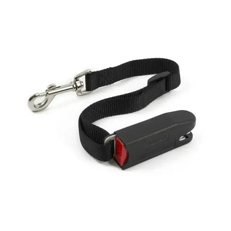 Black fabric ancol paws on tour isofix seatbelt with silver metal clip and red button for pet safety in cars