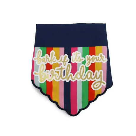 Navy blue ancol pawty time bandana dog featuring colorful stripes and gold foil bark if its your birthday text