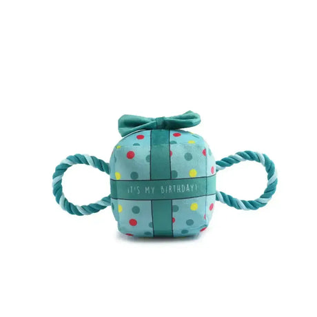 Teal polka dot ancol pawty time blue dog toy shaped like a gift with bow rope handles and its my birthday text