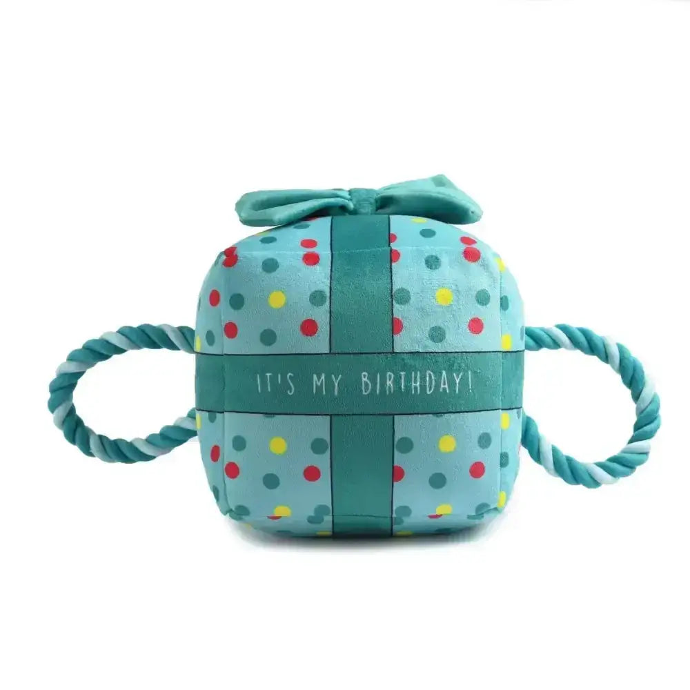 Teal polka-dot plush ancol pawty time birthday present blue dog toy with rope handles and matching bow
