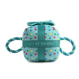 Teal polka-dot plush ancol pawty time birthday present blue dog toy with rope handles and matching bow