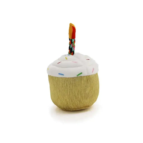 A plush ancol pawty time cupcake dog toy with golden base white frosting colorful sprinkles and braided candle on top