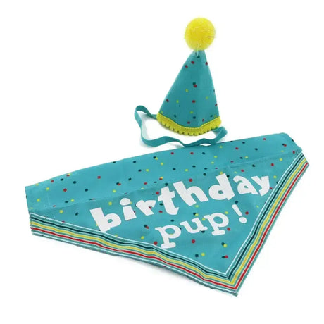 Teal ancol pawty time party hat with yellow pom-pom and matching teal bandana set dog birthday pup design