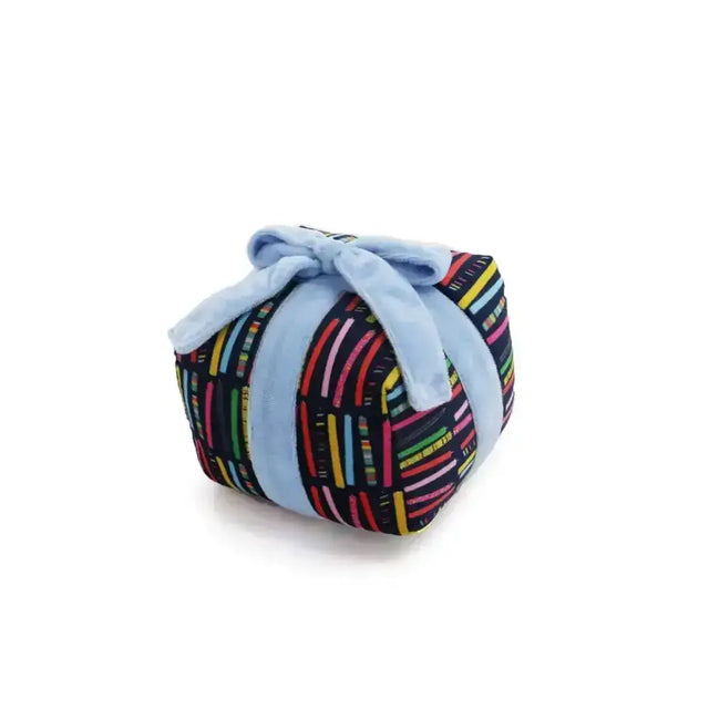 Ancol Pawty Time present dog toy cube wrapped in black fabric with rainbow stripes and tied with blue velvet ribbon