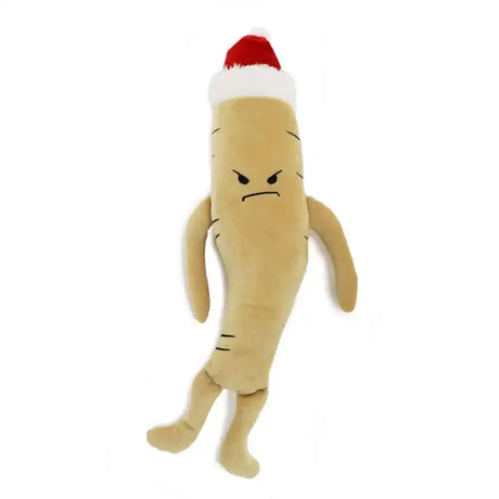 A tan plush ancol percy parsnip dog toy shaped like ginseng root with angry face and colorful christmas santa hat