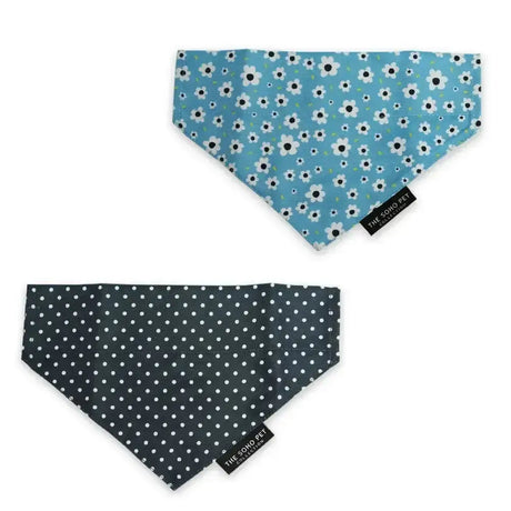 Ancol pet bandana with light blue daisy print and navy polka dot design perfect for stylish pets