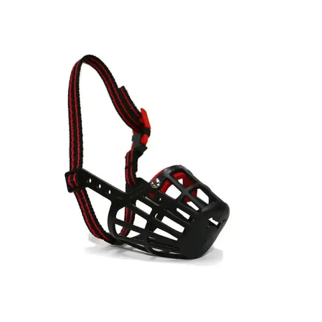 Black plastic dog muzzle with red and black striped fabric straps a robust muzzle designed by ancol plastic dog