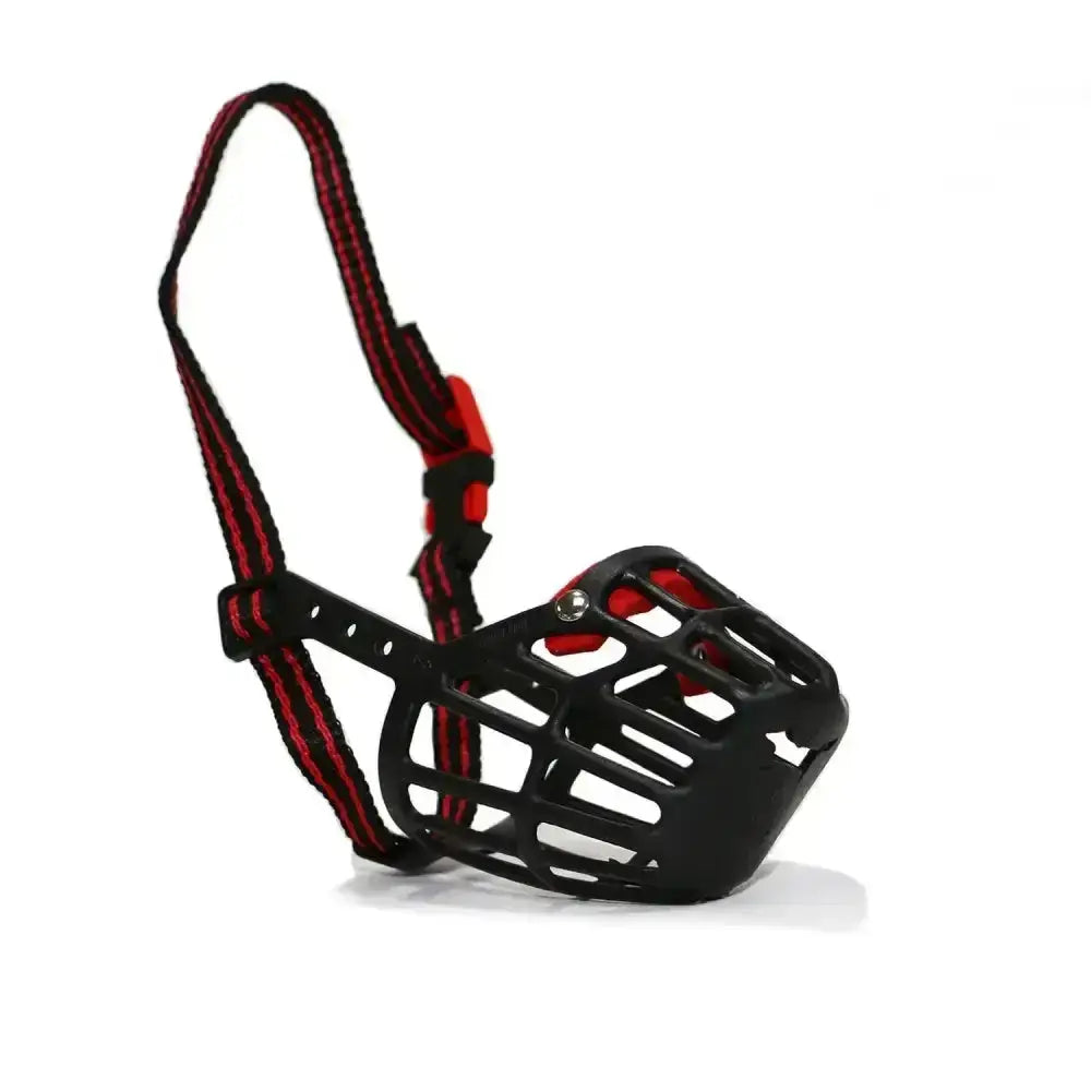 Black plastic dog muzzle with red and black striped straps a robust muzzle designed by ancol plastic dog