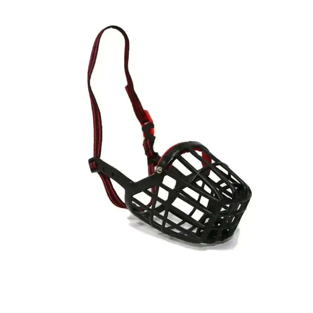 Black plastic mesh ancol plastic dog muzzle with red padded straps robust muzzle designed for comfort