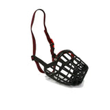 Black plastic mesh ancol plastic dog muzzle with red padded straps robust muzzle designed for comfort