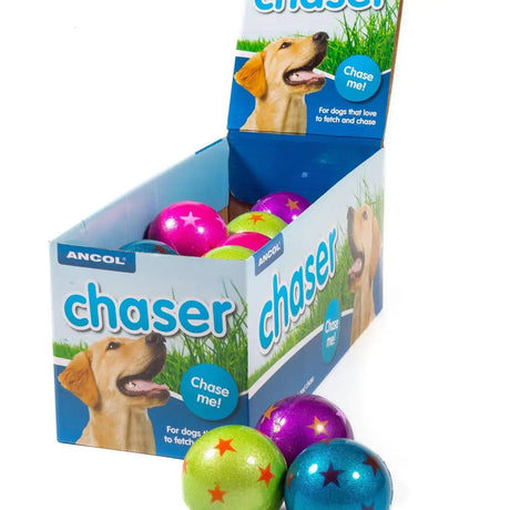 Ancol playtime chase star balls dog toys with bright shiny plastic in pink green purple and blue with star patterns