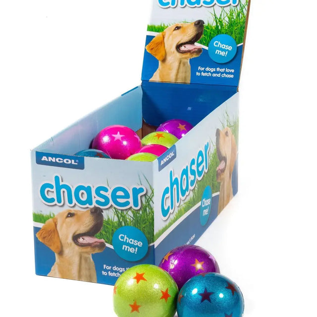 Ancol playtime chase star balls dog toys with bright shiny plastic in pink green purple and blue with star patterns
