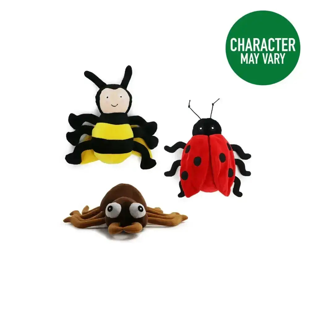 Plush insect toys from ancol playtime featuring a black yellow bee red ladybug and brown spider with big eyes
